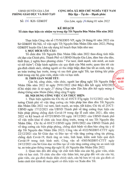 Kế hoạch tổ chức thực hiện các nhiệm vụ trong dịp Tết Nguyên Đán Nhâm Dần năm 2022